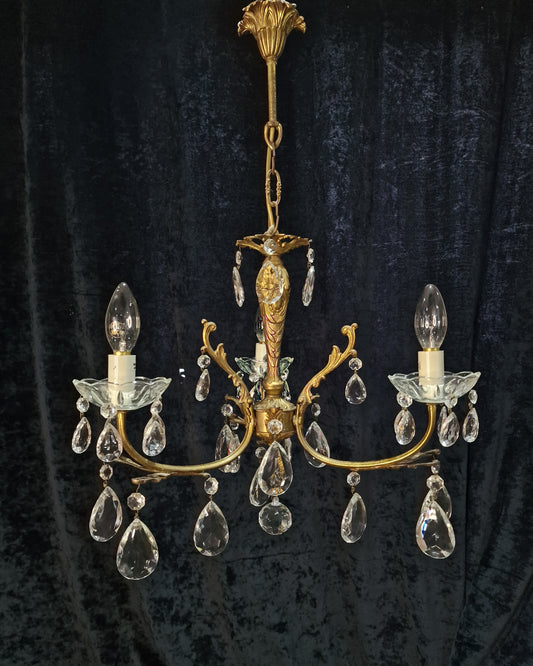 Lovely Vintage French 3 Arm Crystal Brass Leaf Chandelier Ceiling Light