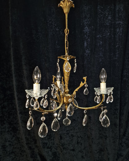 Beautiful Vintage French 3 Arm Crystal Brass Leaf Chandelier Ceiling Light