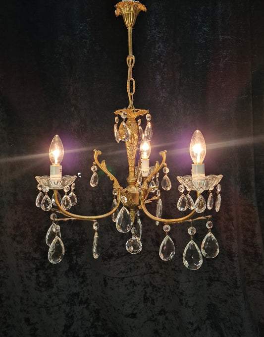 Lovely Vintage French 3 Arm Crystal Brass Leaf Chandelier Ceiling Light