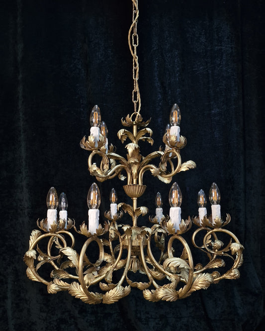 RESERVED Decorative Antique Italian 2 Tier 12 Light Florentine Toleware Gilded Chandelier