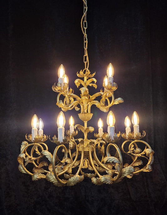 RESERVED Decorative Antique Italian 2 Tier 12 Light Florentine Toleware Gilded Chandelier