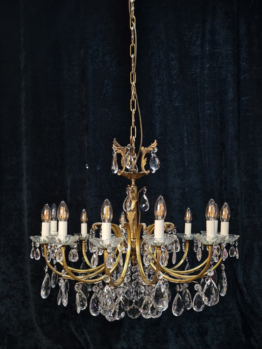 Gorgeous Large Vintage Antique French 12 Arm Brass Leaf Crystal Chandelier Light