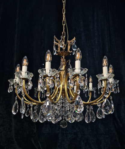 Gorgeous Large Vintage Antique French 12 Arm Brass Leaf Crystal Chandelier Light