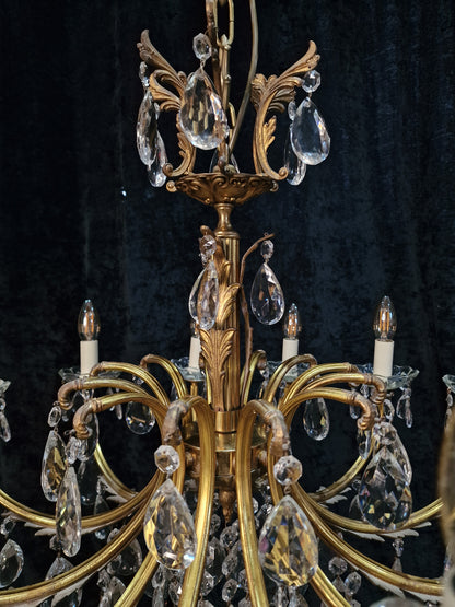 Gorgeous Large Vintage Antique French 12 Arm Brass Leaf Crystal Chandelier Light