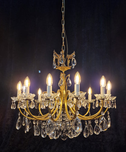 Gorgeous Large Vintage Antique French 12 Arm Brass Leaf Crystal Chandelier Light