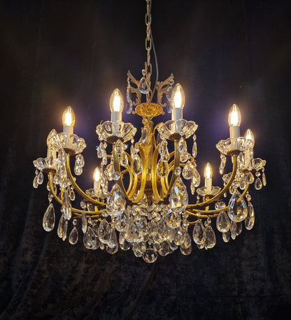 Gorgeous Large Vintage Antique French 12 Arm Brass Leaf Crystal Chandelier Light