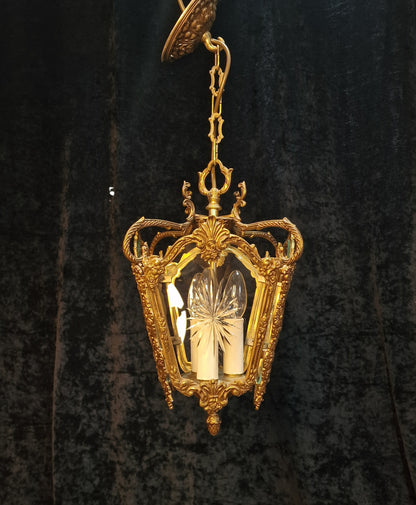 Decorative Heavy Antique French 4 Side Starburst Brass 3 Light Lantern