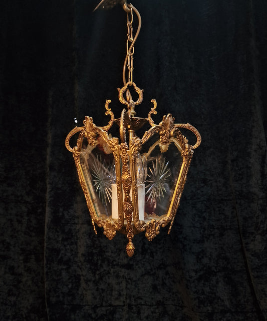 Decorative Heavy Antique French 4 Side Starburst Brass 3 Light Lantern
