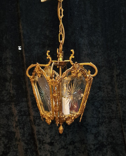 Ornate Heavy Antique French 4 Side Starburst Brass 3 Light Hanging Lantern