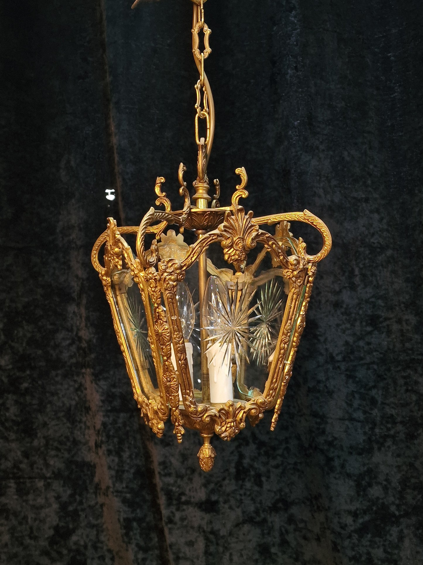 Ornate Heavy Antique French 4 Side Starburst Brass 3 Light Hanging Lantern