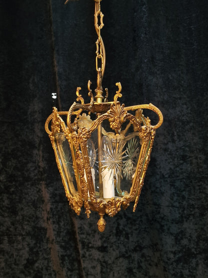 Ornate Heavy Antique French 4 Side Starburst Brass 3 Light Hanging Lantern