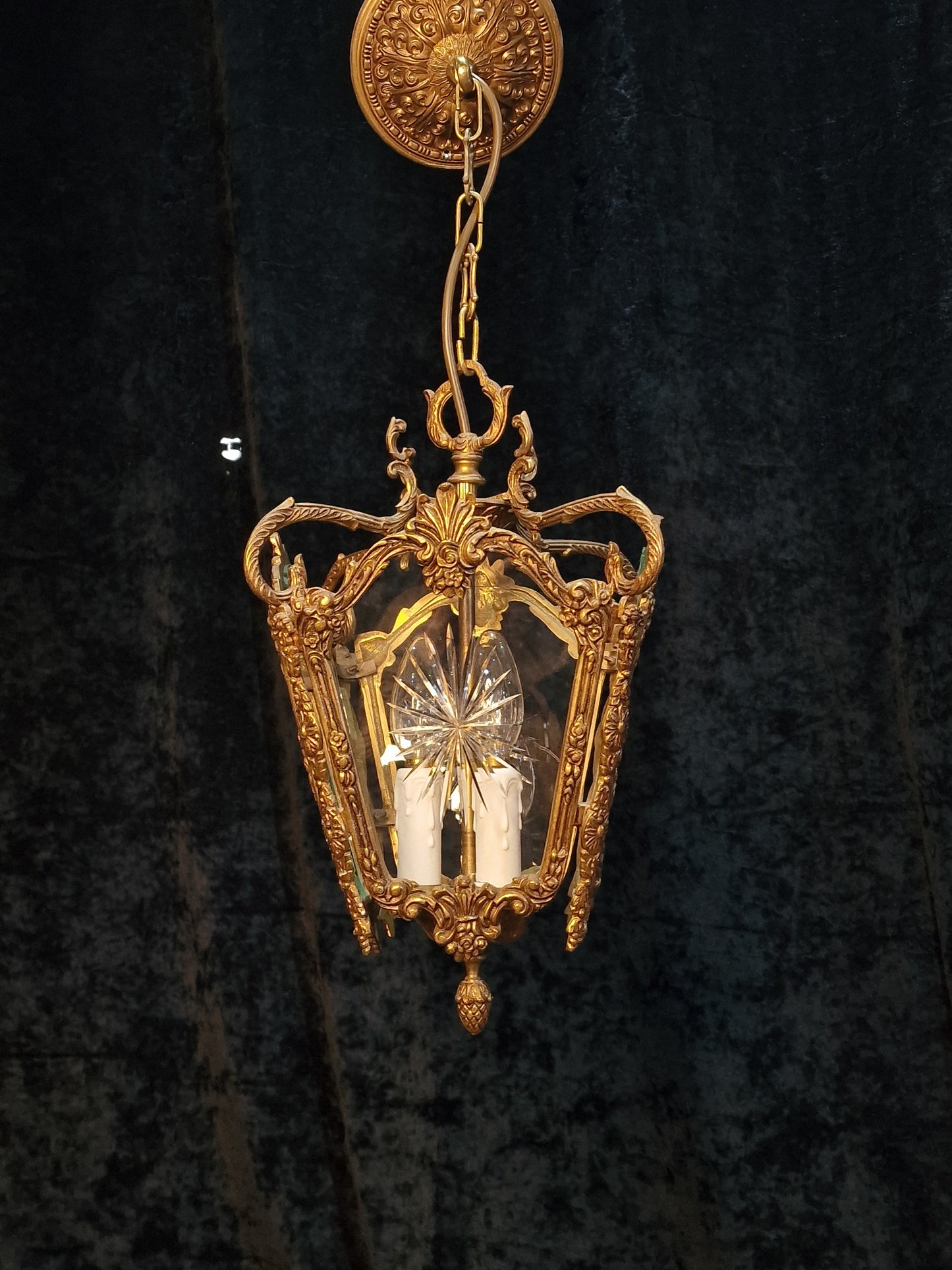 Ornate Heavy Antique French 4 Side Starburst Brass 3 Light Hanging Lantern