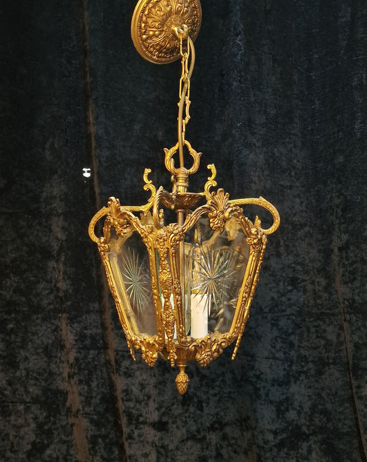 Ornate Heavy Antique French 4 Side Starburst Brass 3 Light Hanging Lantern