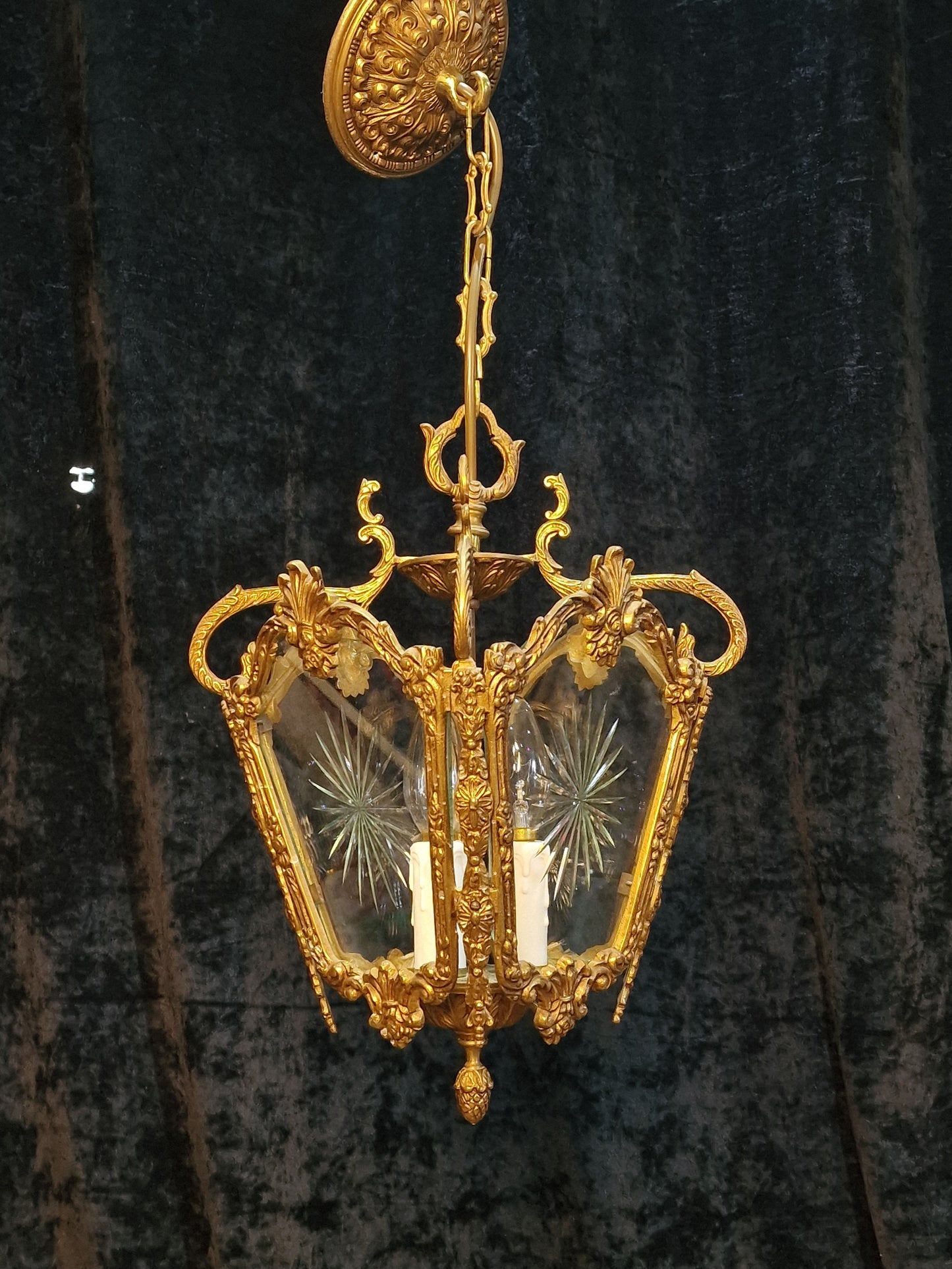 Ornate Heavy Antique French 4 Side Starburst Brass 3 Light Hanging Lantern