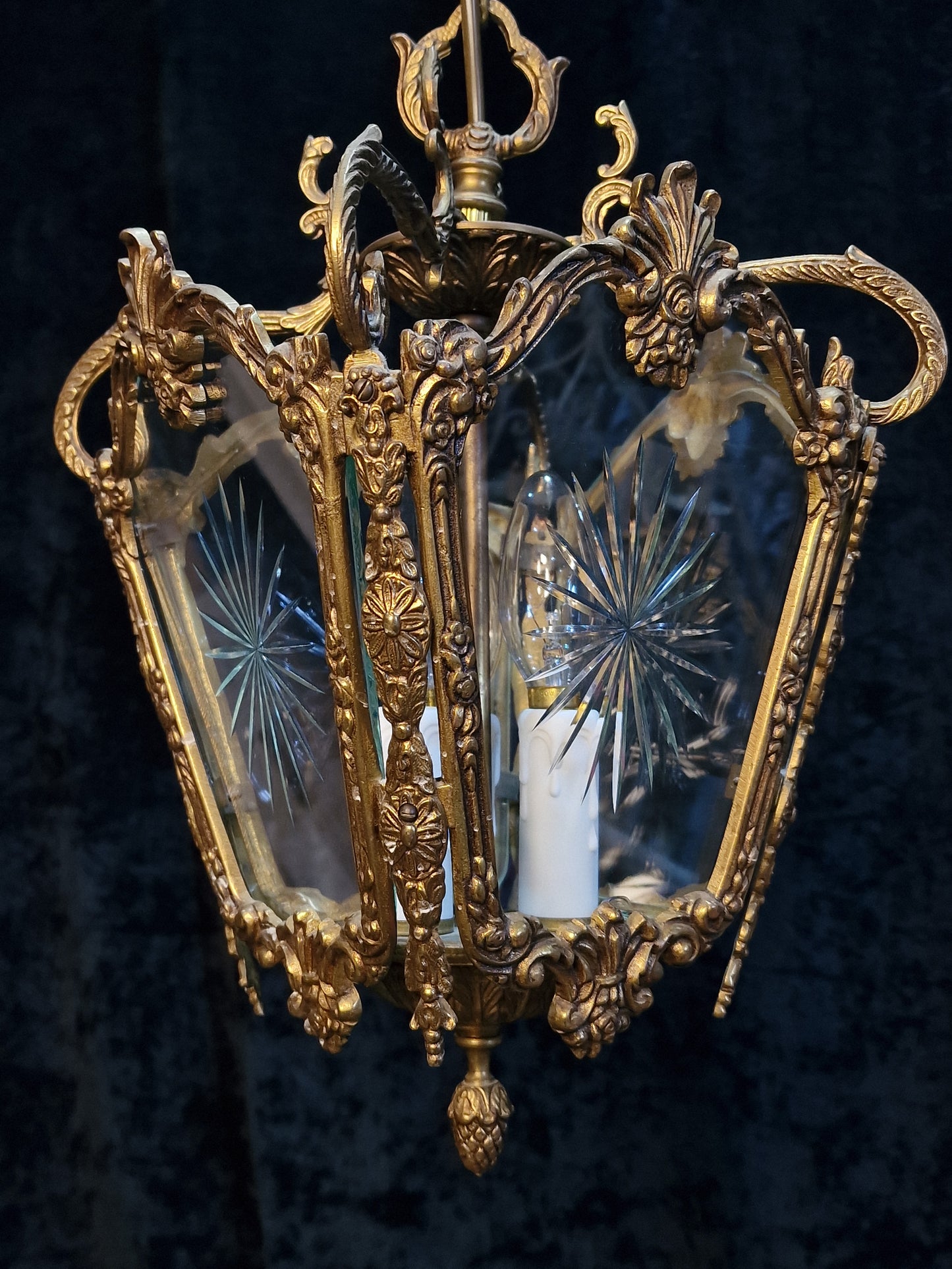 Ornate Heavy Antique French 4 Side Starburst Brass 3 Light Hanging Lantern