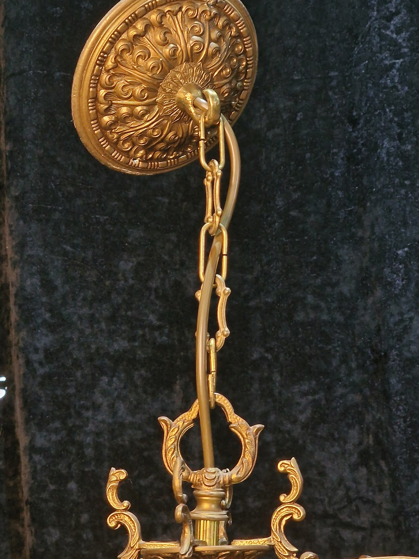 Ornate Heavy Antique French 4 Side Starburst Brass 3 Light Hanging Lantern