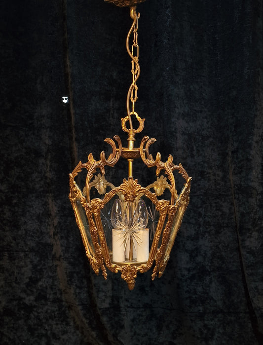 Fabulous Large Heavy Antique French 5 Side Starburst Brass 3 Light Lantern
