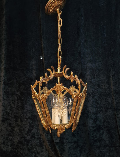 Fabulous Large Heavy Antique French 5 Side Starburst Brass 3 Light Lantern