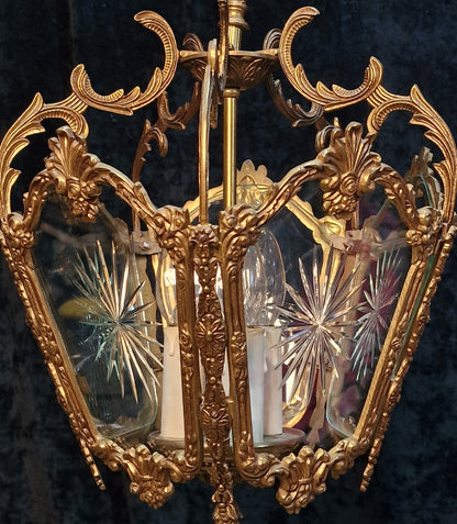 Fabulous Large Heavy Antique French 5 Side Starburst Brass 3 Light Lantern