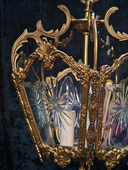 Fabulous Large Heavy Antique French 5 Side Starburst Brass 3 Light Lantern