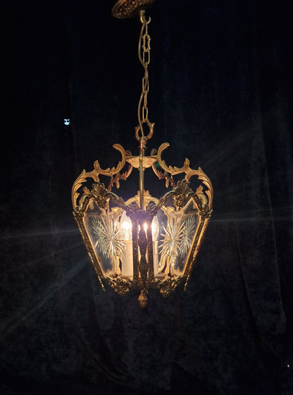 Fabulous Large Heavy Antique French 5 Side Starburst Brass 3 Light Lantern