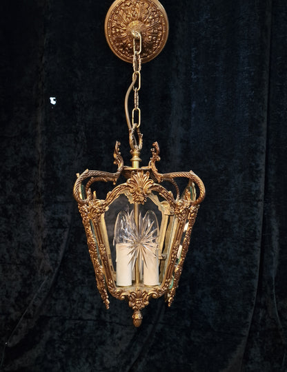 Fabulous Heavy Antique French Cut Glass Crystal Brass Lantern Ceiling Light