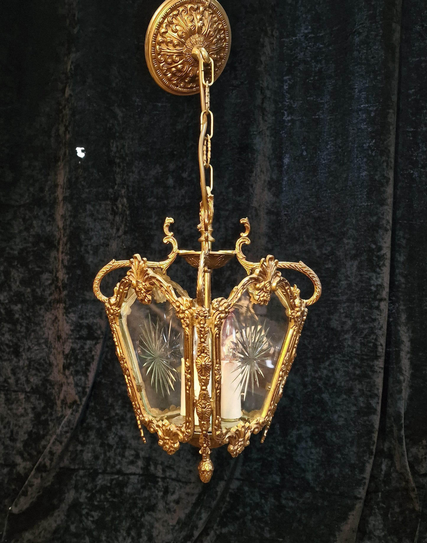 Fabulous Heavy Antique French Cut Glass Crystal Brass Lantern Ceiling Light
