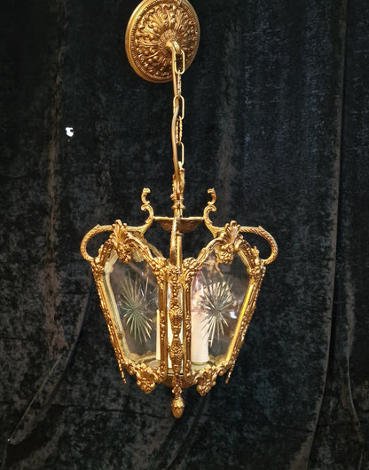 Fabulous Heavy Antique French Cut Glass Crystal Brass Lantern Ceiling Light