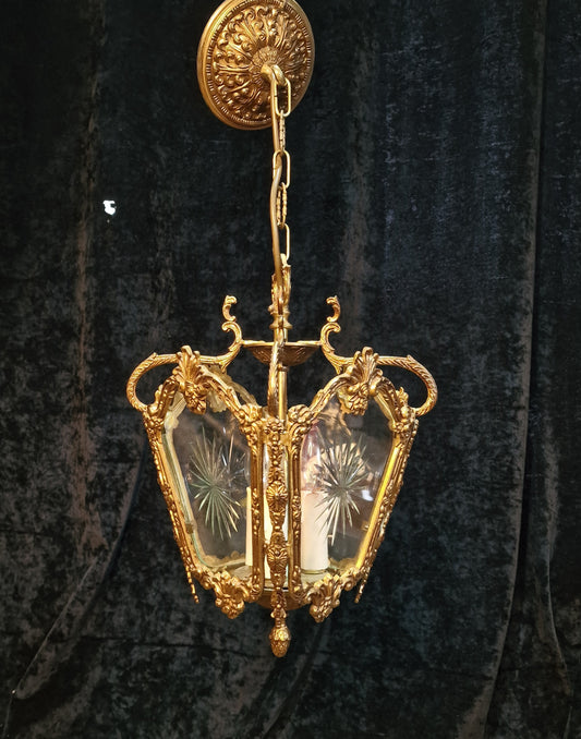 Fabulous Heavy Antique French Cut Glass Crystal Brass Lantern Ceiling Light