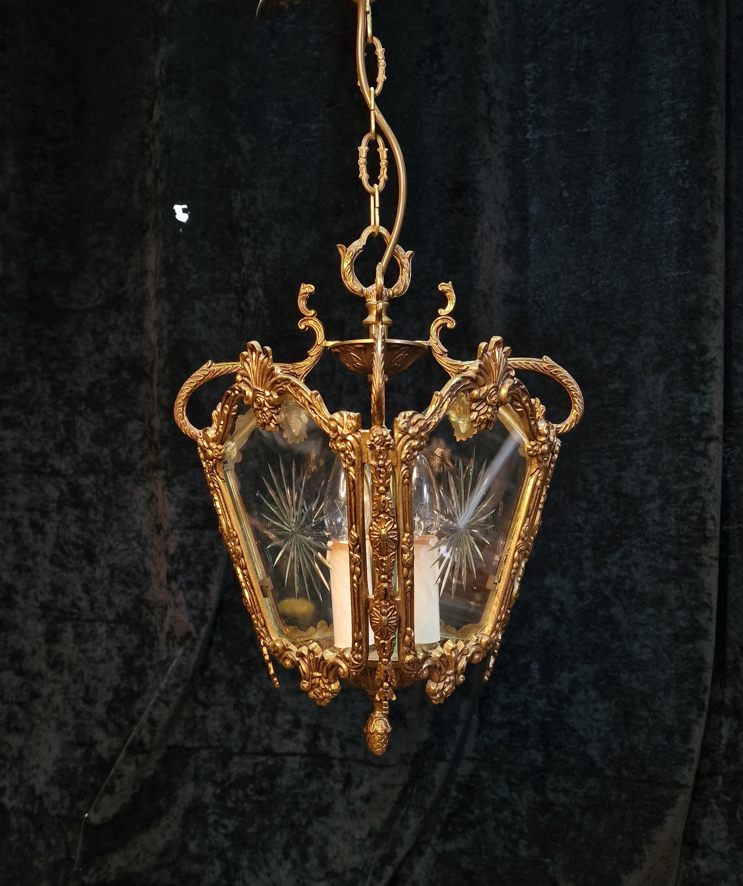 Fabulous Heavy Antique French Cut Glass Crystal Brass Lantern Ceiling Light