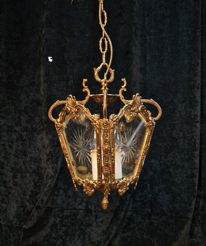 Fabulous Heavy Antique French Cut Glass Crystal Brass Lantern Ceiling Light