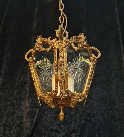 Fabulous Heavy Antique French Cut Glass Crystal Brass Lantern Ceiling Light