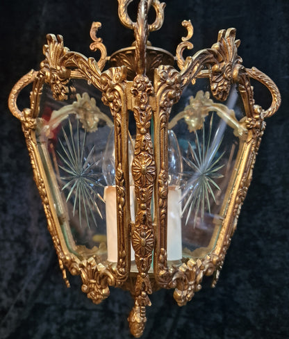 Fabulous Heavy Antique French Cut Glass Crystal Brass Lantern Ceiling Light