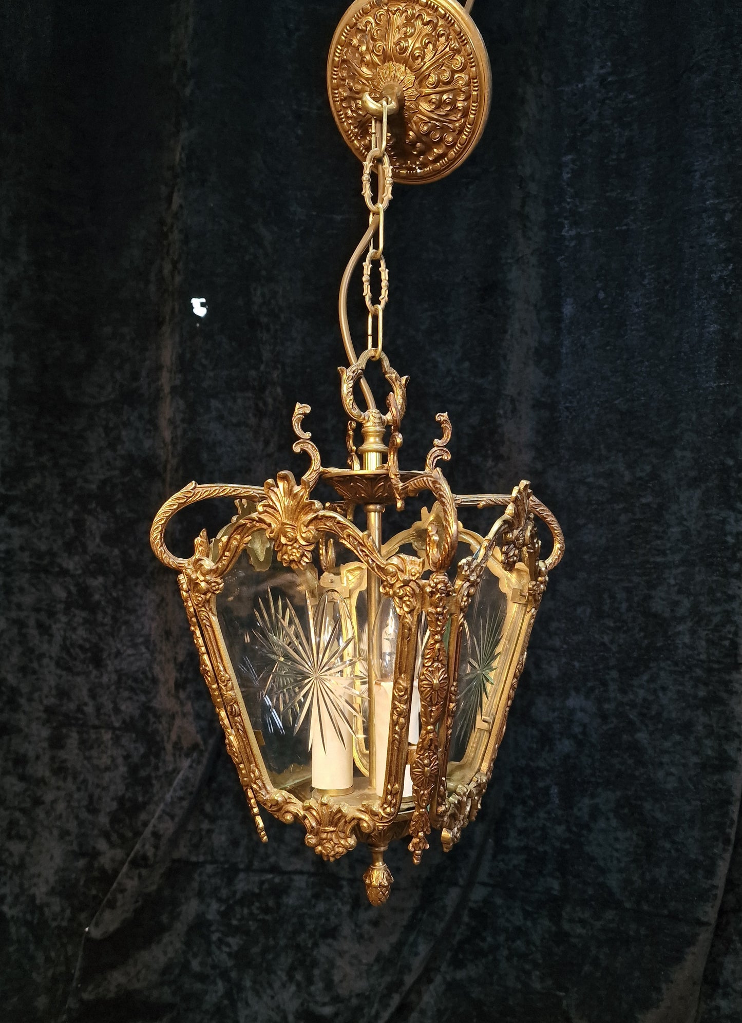 Fabulous Heavy Antique French Cut Glass Crystal Brass Lantern Ceiling Light