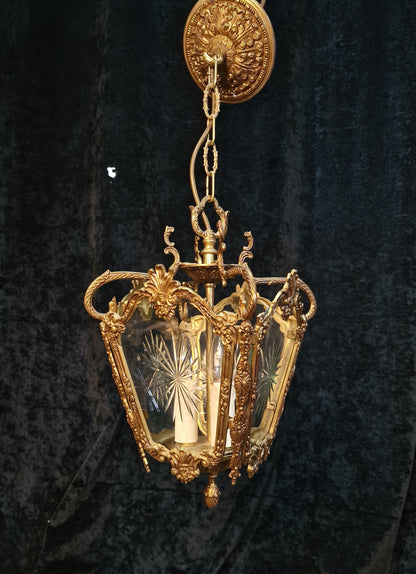 Fabulous Heavy Antique French Cut Glass Crystal Brass Lantern Ceiling Light