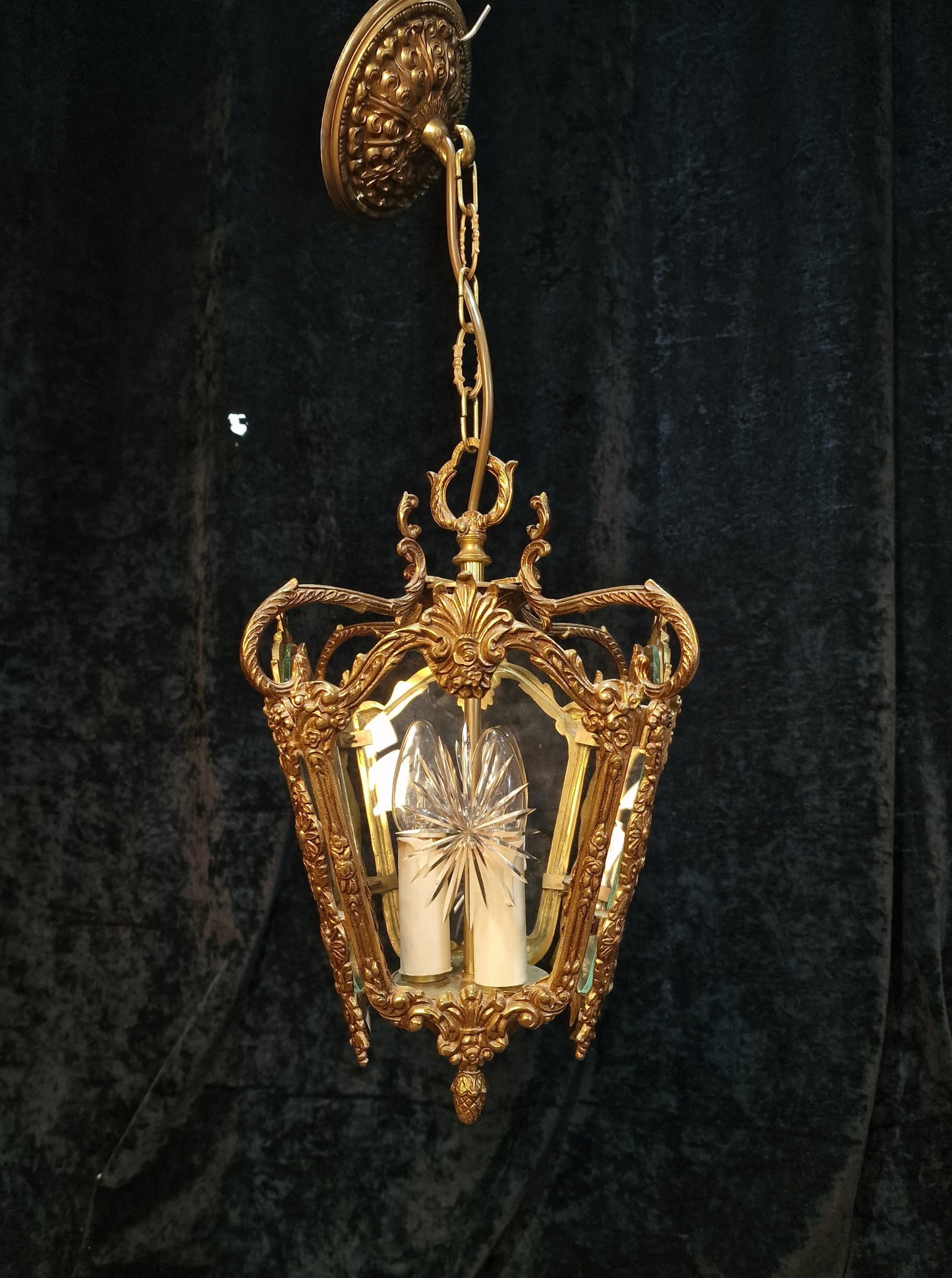 Fabulous Heavy Antique French Cut Glass Crystal Brass Lantern Ceiling Light