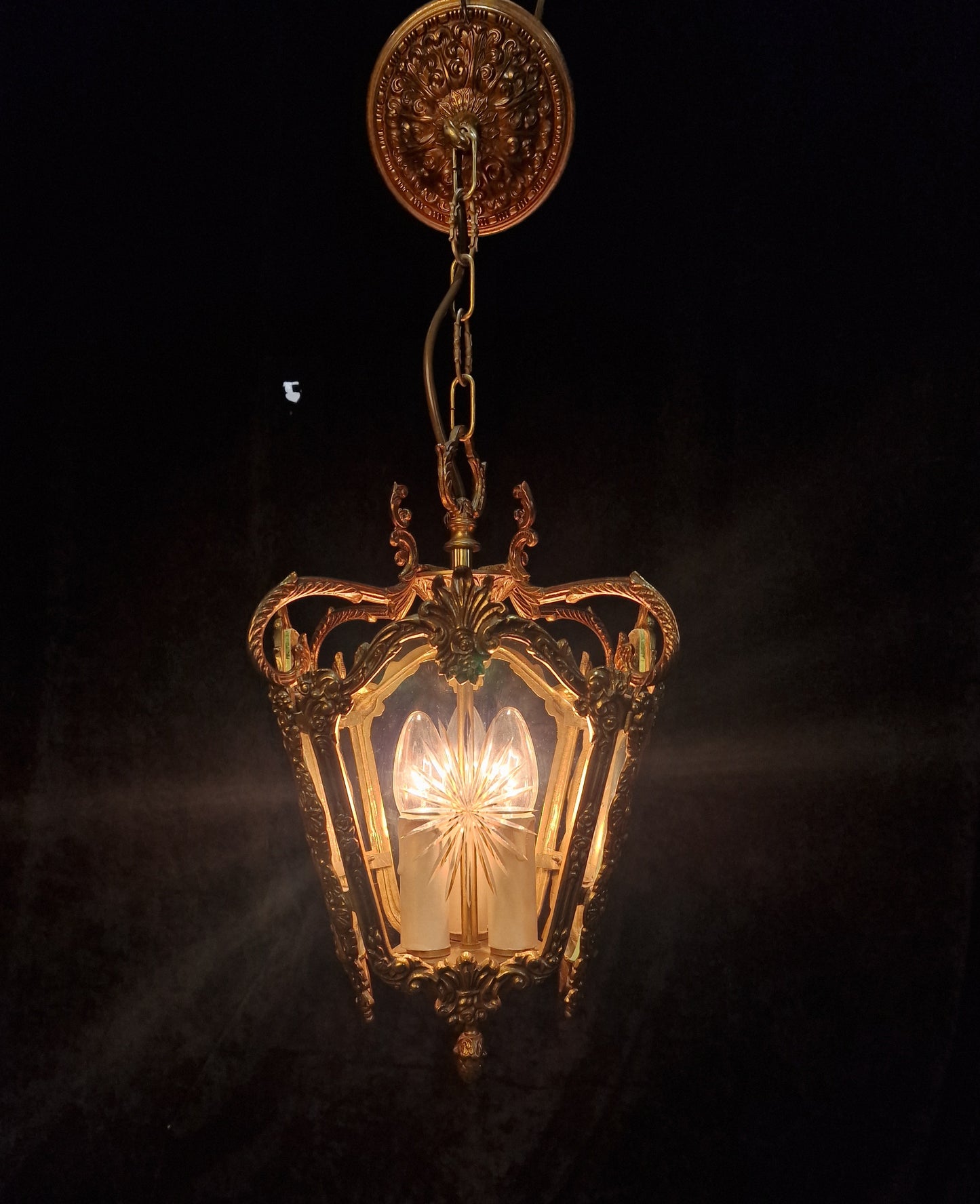 Fabulous Heavy Antique French Cut Glass Crystal Brass Lantern Ceiling Light