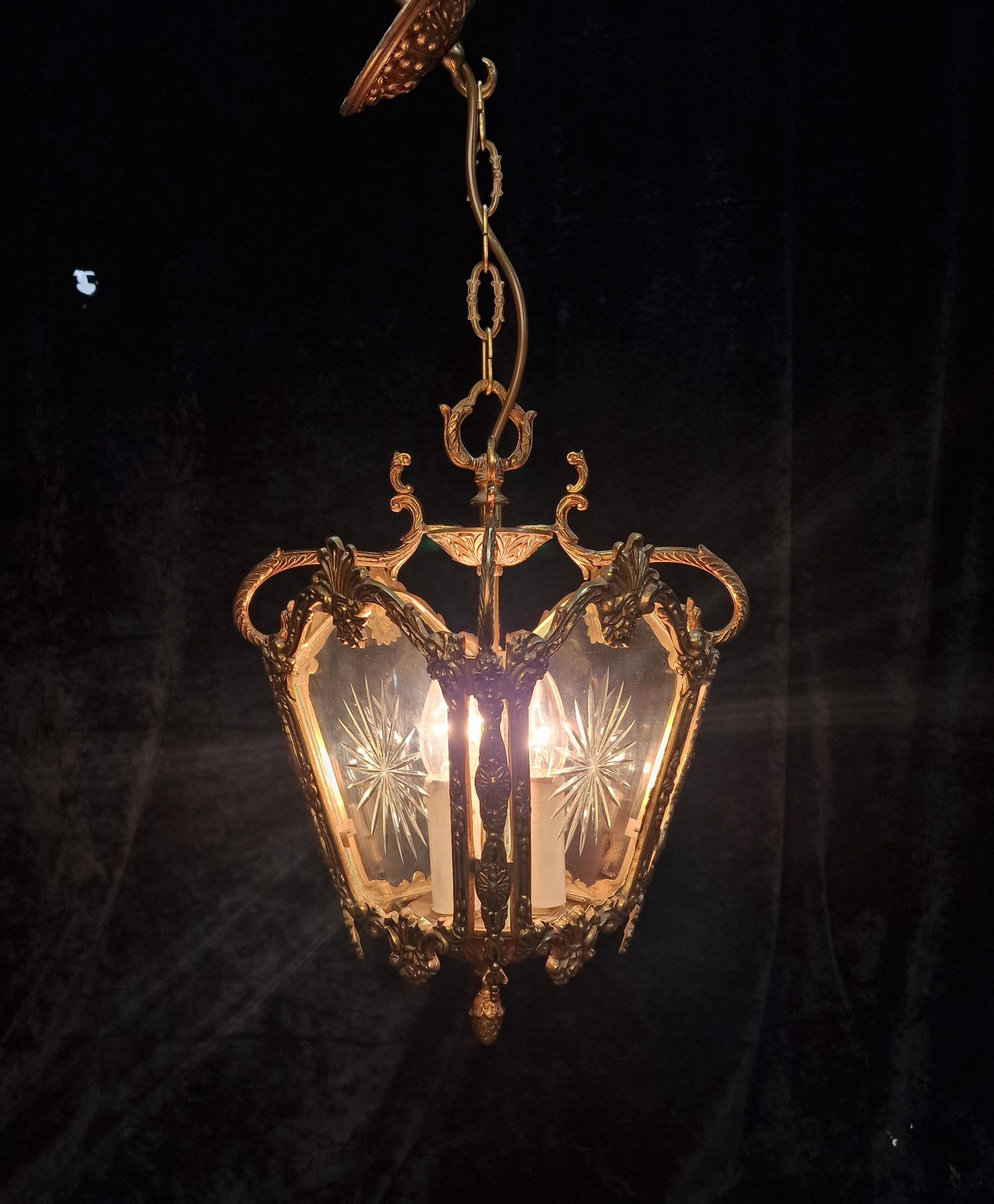 Fabulous Heavy Antique French Cut Glass Crystal Brass Lantern Ceiling Light