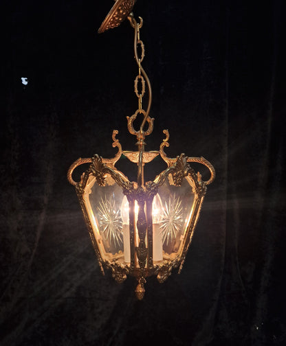Fabulous Heavy Antique French Cut Glass Crystal Brass Lantern Ceiling Light
