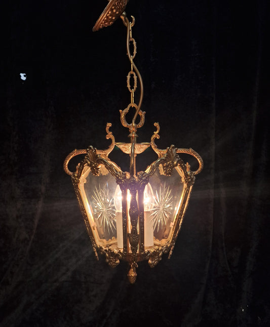 Fabulous Heavy Antique French Cut Glass Crystal Brass Lantern Ceiling Light