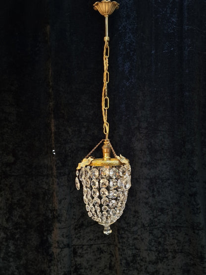 Lovely Antique French Brass Dainty 1 Light Crystal Glass Bag Leaf Chandelier