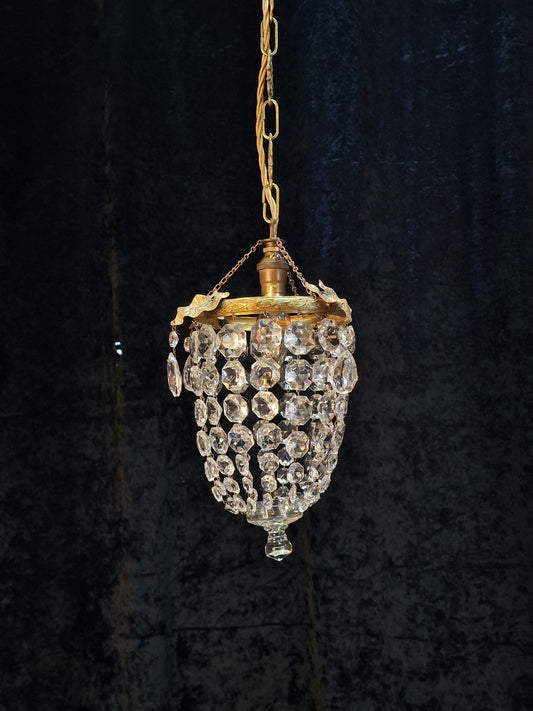 Lovely Antique French Brass Dainty 1 Light Crystal Glass Bag Leaf Chandelier