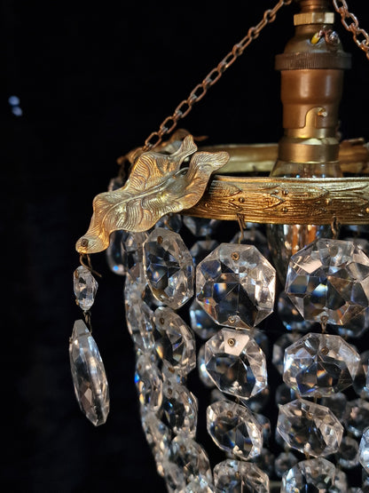 Lovely Antique French Brass Dainty 1 Light Crystal Glass Bag Leaf Chandelier