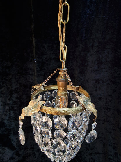 Lovely Antique French Brass Dainty 1 Light Crystal Glass Bag Leaf Chandelier