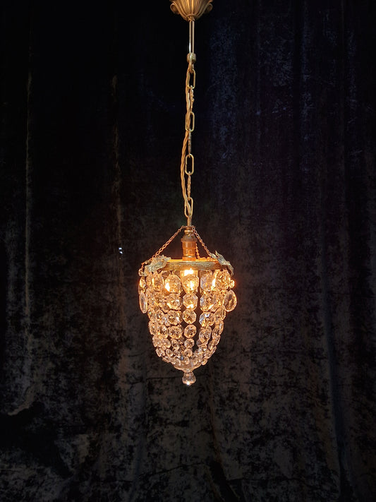 Lovely Antique French Brass Dainty 1 Light Crystal Glass Bag Leaf Chandelier