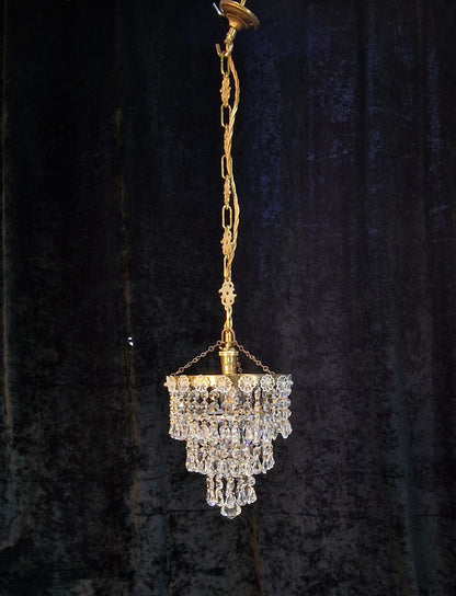 RESERVED Beautiful Vintage French Crystal Brass 3 Tier Waterfall Chandelier Ceiling Light