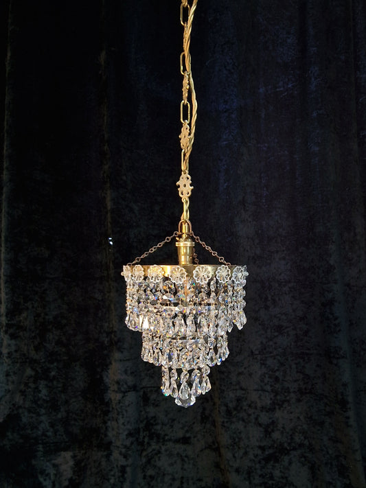 RESERVED Beautiful Vintage French Crystal Brass 3 Tier Waterfall Chandelier Ceiling Light