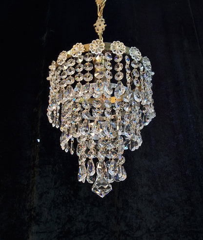 RESERVED Beautiful Vintage French Crystal Brass 3 Tier Waterfall Chandelier Ceiling Light