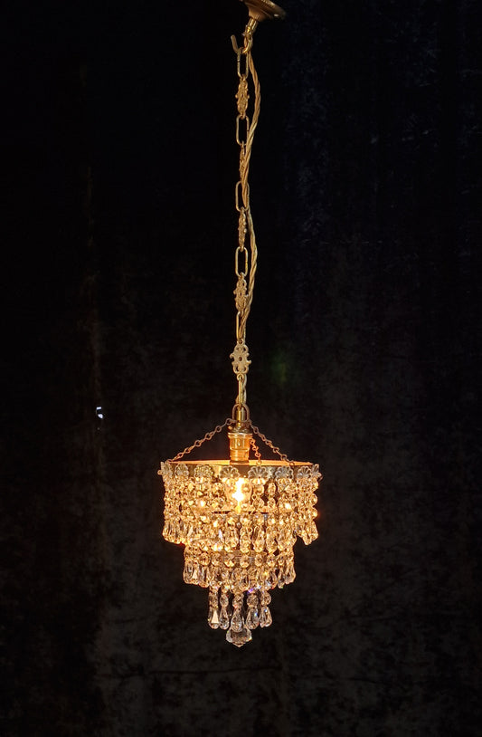 RESERVED Beautiful Vintage French Crystal Brass 3 Tier Waterfall Chandelier Ceiling Light