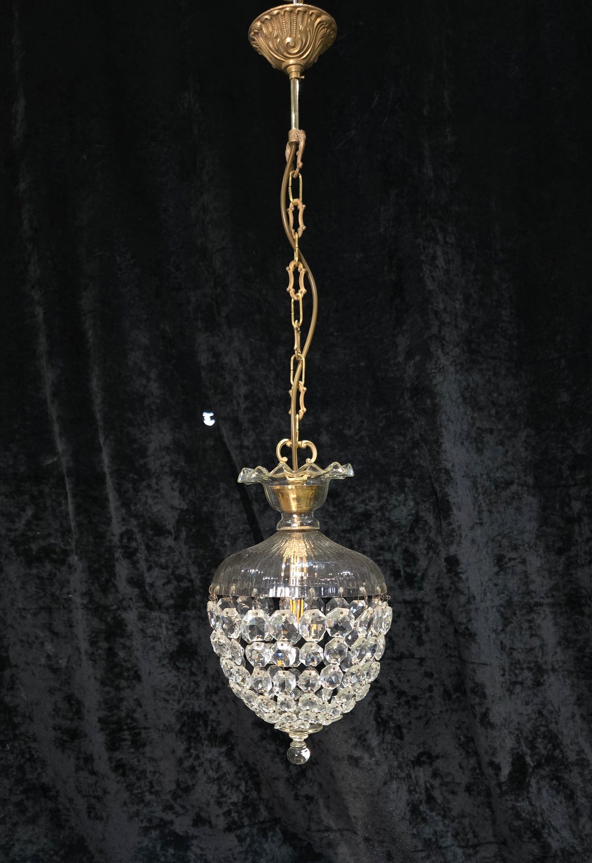 Beautiful Antique French Crystal Bag 1 Light Brass Chandelier Ceiling Light